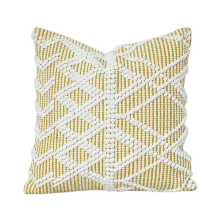 Handwoven Cotton Cushion Cover 45x45 cm – Geometric Textured Tufted Design in Mustard & White