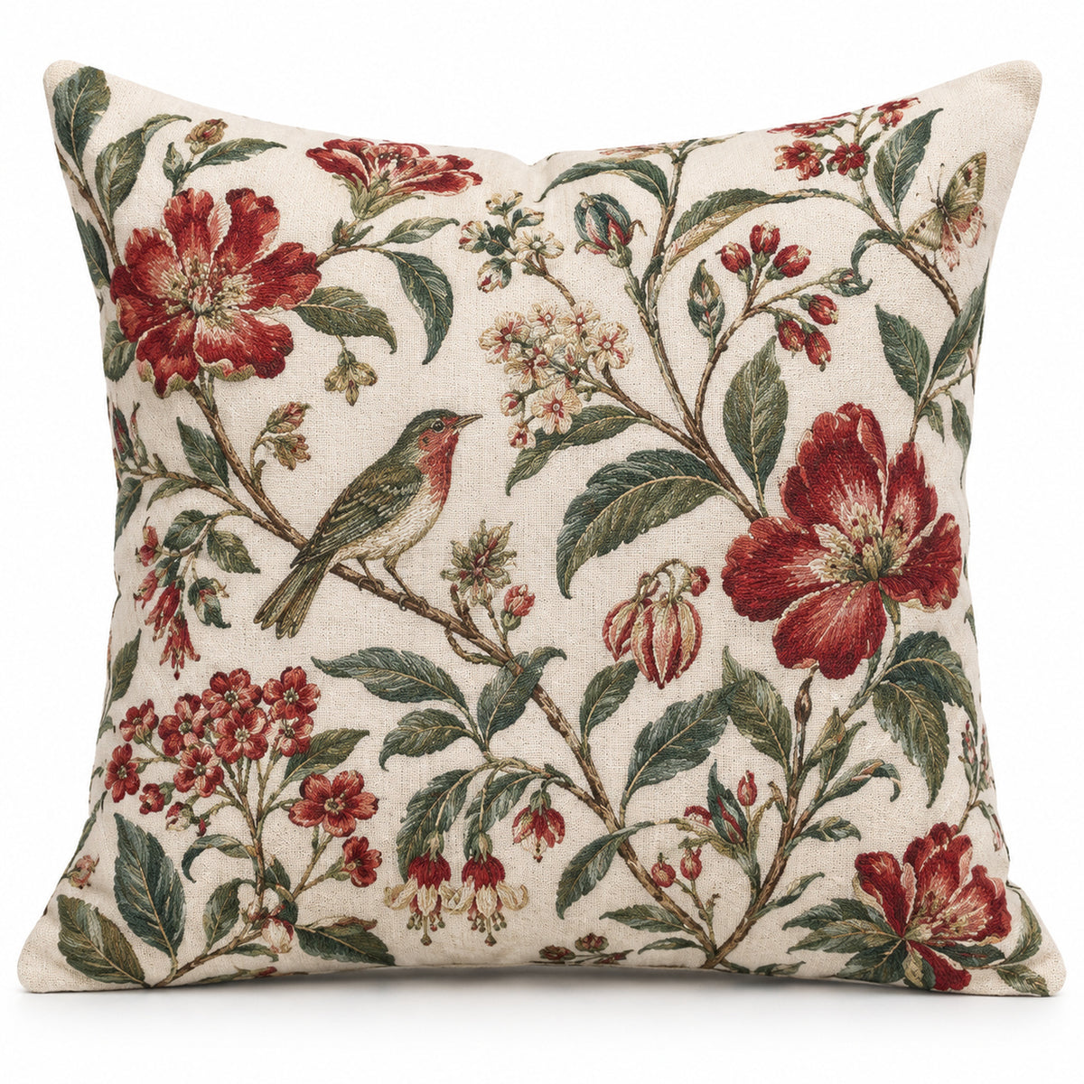 Ivory square cushion cover with colorful red and pink flowers and green botanical branches