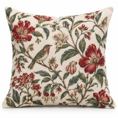 Ivory square cushion cover with colorful red and pink flowers and green botanical branches
