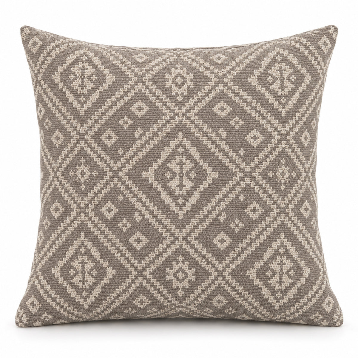 Taupe square cushion cover with intricate repeating ivory diamond geometric motifs