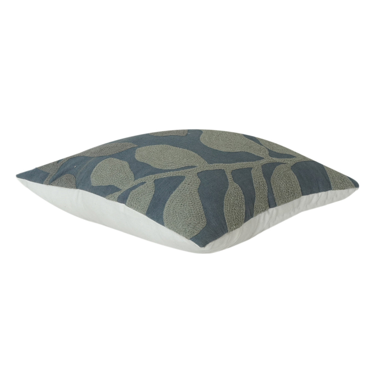 Abstract Leaf Embroidered Cotton Cushion Cover – Textured Botanical Design in Dusty Blue & Sage Green (18x18 Inch) - Bulk manufacturer & supplier from Panipat, India
