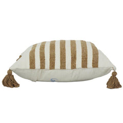 Handwoven Cotton Striped Cushion Cover with Tassels – 45x45 cm | Neutral Boho Decor Pillow