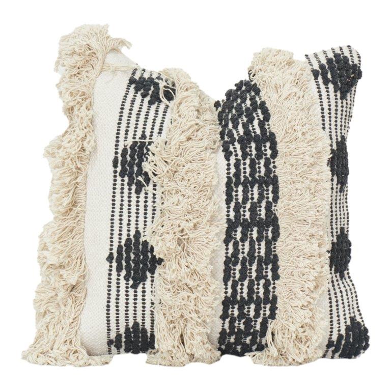 Handcrafted Textured Cotton Cushion Cover with Tufted Geometric Pattern | Black & Natural | 45x45 cm