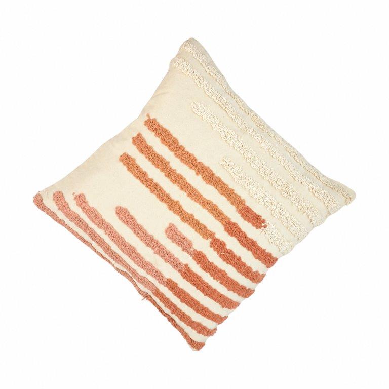 Handcrafted Tufted Cotton Cushion Cover 45x45 cm | Textured Boho Striped Throw Pillow Cover | Ivory & Blush Pink