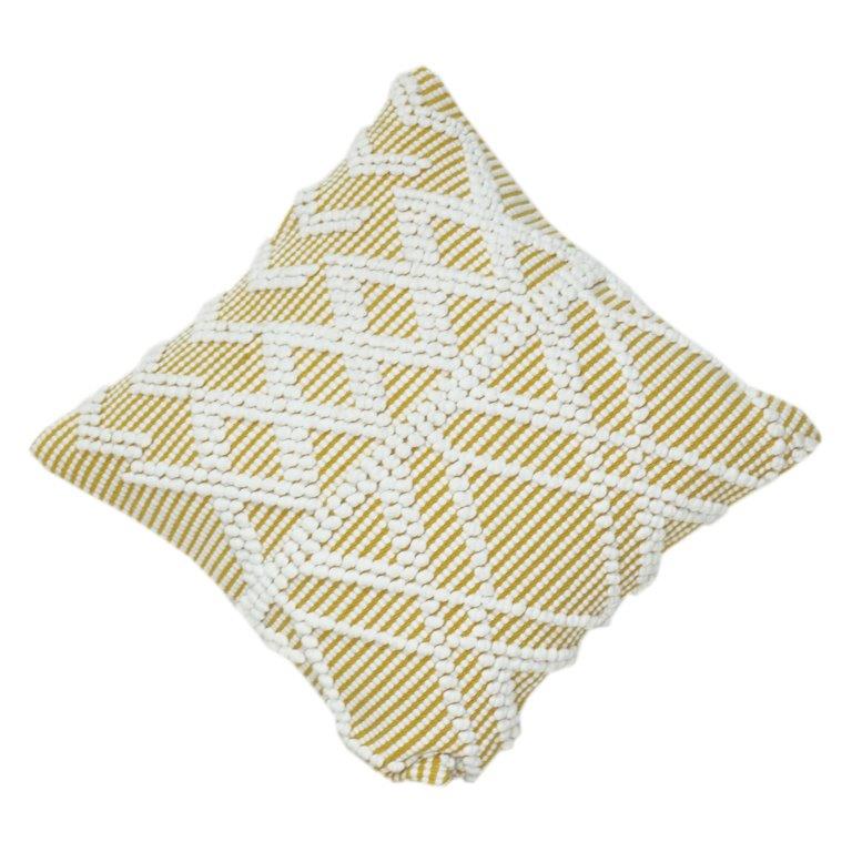 Handwoven Cotton Cushion Cover 45x45 cm – Geometric Textured Tufted Design in Mustard & White