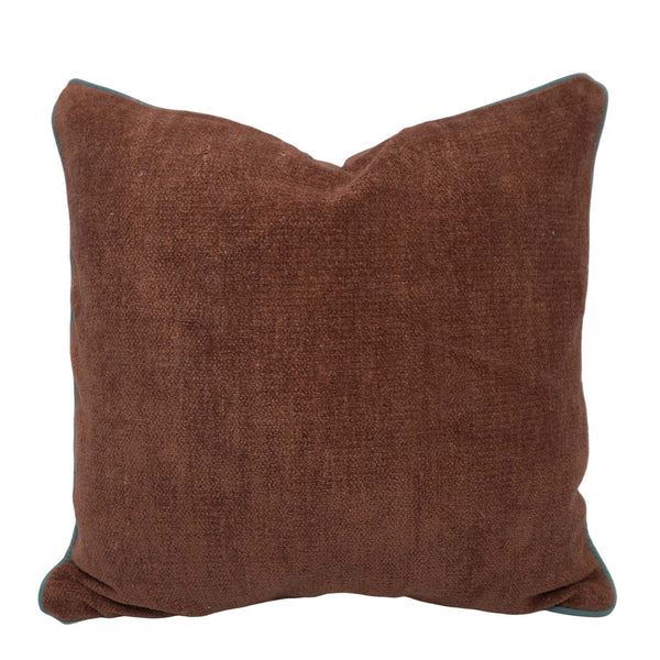 Handmade Cotton Chenille Cushion Cover with Green Piping | Brown Solid Decorative Throw Pillow Cover | 45x45 cm (18x18 Inch)