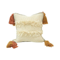 Handmade Boho Cotton Cushion Cover with Tassels & Fringe | Textured Woven Throw Pillow Cover | 45x45 cm