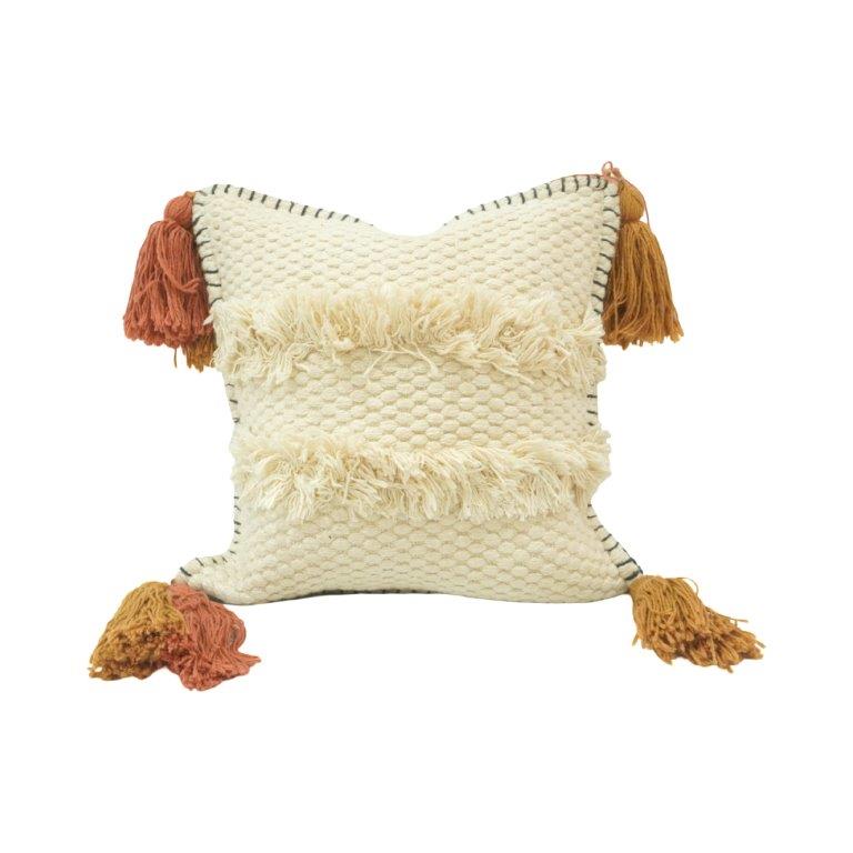 Handmade Boho Cotton Cushion Cover with Tassels & Fringe | Textured Woven Throw Pillow Cover | 45x45 cm