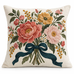 Cream cushion cover with colorful pink, peach and yellow floral bouquet and dark blue ribbon motif