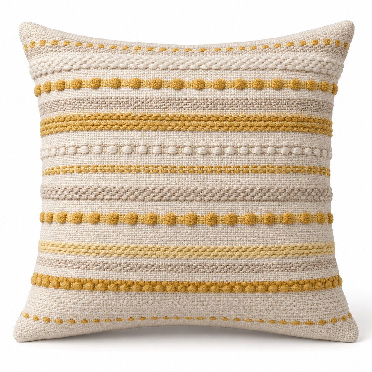 Cream square cushion cover with fine mustard horizontal woven-style stripes and dot details