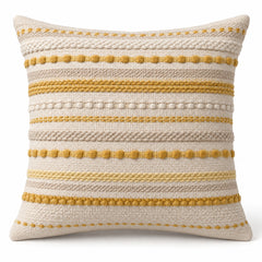 Cream square cushion cover with fine mustard horizontal woven-style stripes and dot details