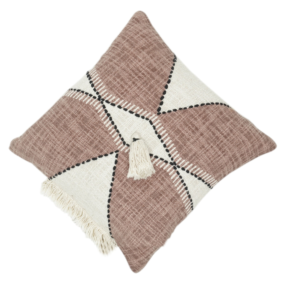 Hand Embroidered Geometric Cotton Cushion Cover with Tassel | Modern Boho Throw Pillow Cover | 18x18 Inch - Bulk manufacturer & supplier from Panipat, India