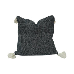 Handwoven Black Textured Cotton Cushion Cover with Tassels | 45x45 cm Decorative Pillow Cover