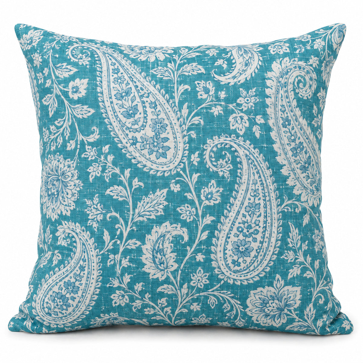 Turquoise blue square cushion cover with ornate allover white paisley and floral pattern