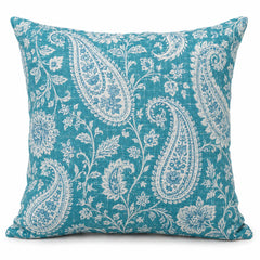 Turquoise blue square cushion cover with ornate allover white paisley and floral pattern