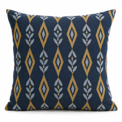 Navy blue square cushion cover with vertical mustard and ivory geometric diamond motifs
