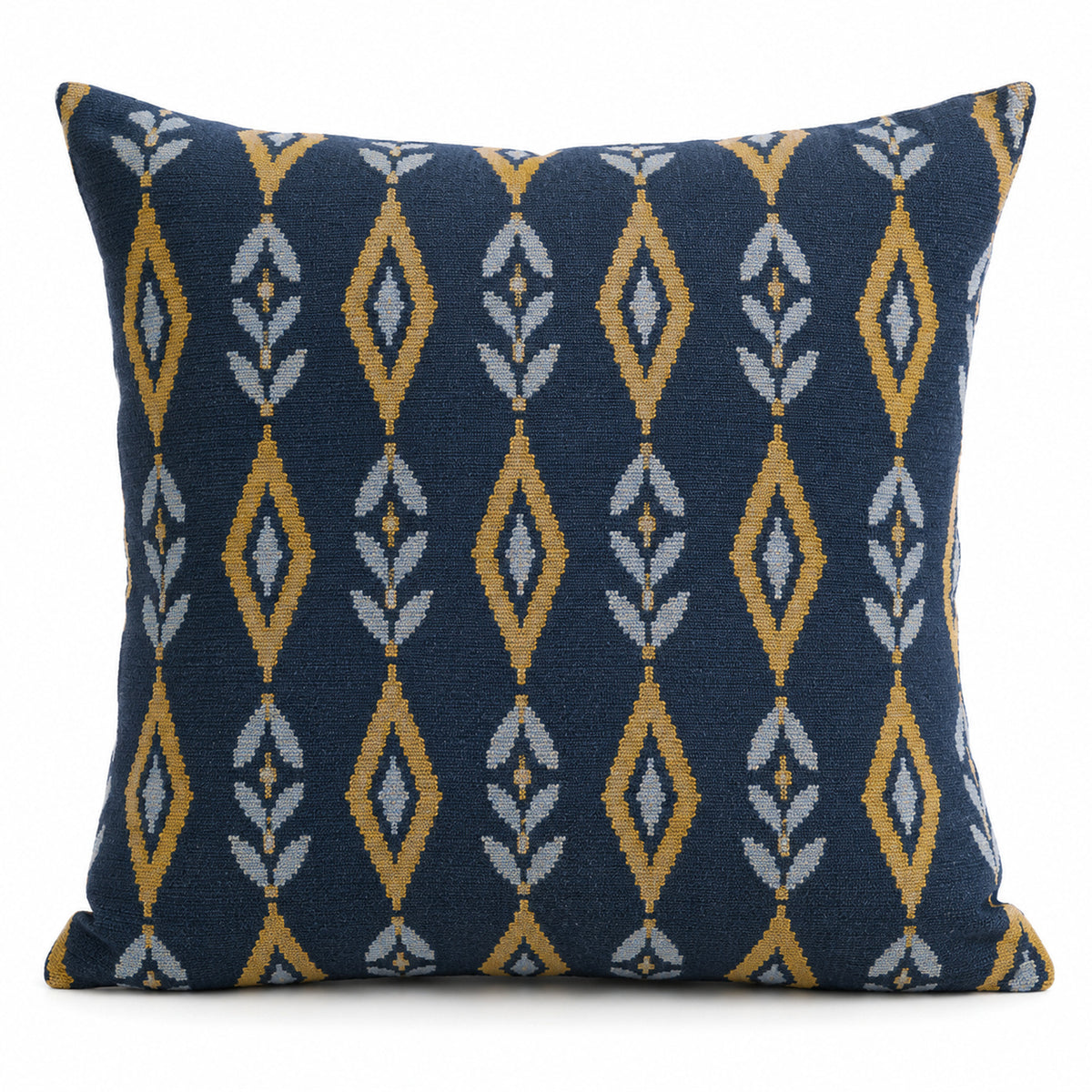 Navy blue square cushion cover with vertical mustard and ivory geometric diamond motifs