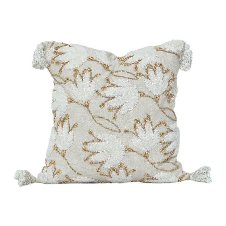Handcrafted Abstract Floral Embroidered Cotton Cushion Cover with Tassels – 45x45 cm | Neutral Beige Decorative Pillow Cover - Bulk manufacturer & supplier from Panipat, India
