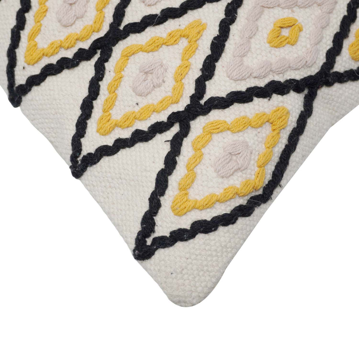 Handwoven Cotton Cushion Cover 45x45 cm | Geometric Diamond Tufted Design | Decorative Throw Pillow Cover with Hidden Zipper | Modern Boho Home Décor | Ivory, Mustard & Black - Bulk manufacturer & supplier from Panipat, India