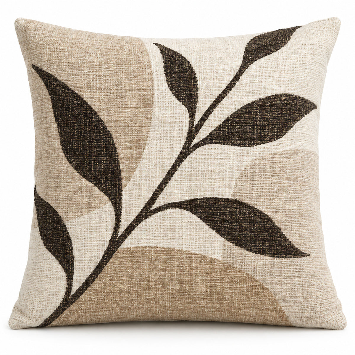 Ivory decorative cushion cover with minimalist black and taupe botanical branch illustration