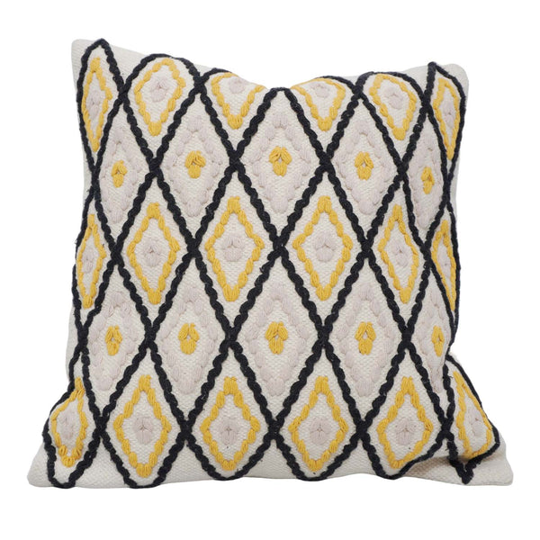 Handwoven Cotton Cushion Cover 45x45 cm | Geometric Diamond Tufted Design | Decorative Throw Pillow Cover with Hidden Zipper | Modern Boho Home Décor | Ivory, Mustard & Black
