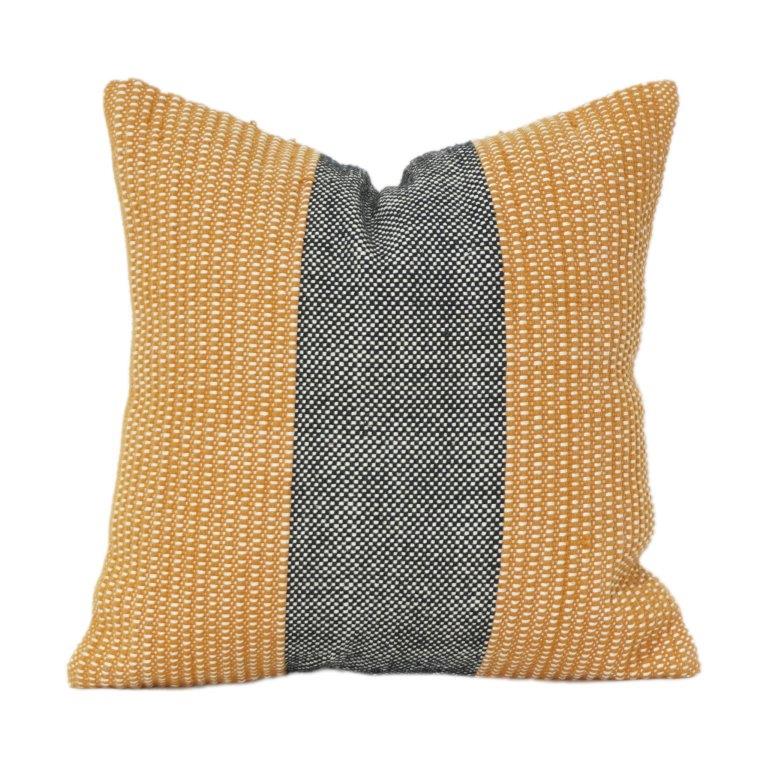 Handwoven Cotton Cushion Cover 45x45 cm – Mustard & Black Striped Textured Throw Pillow Cover with Hidden Zip