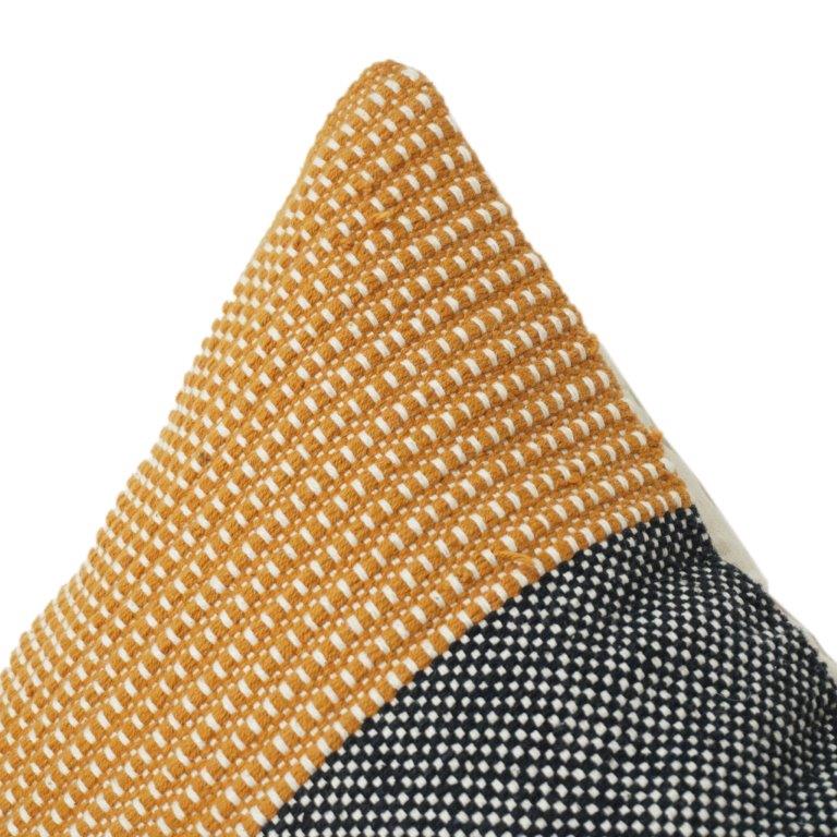 Handwoven Cotton Cushion Cover 45x45 cm – Mustard & Black Striped Textured Throw Pillow Cover with Hidden Zip
