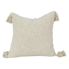 Handwoven Cotton Cushion Cover with Tassels | Minimal Textured Boho Throw Pillow Cover | Neutral Beige 18x18 Inch