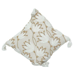 Handgefertigter bestickter Kissenbezug aus Baumwolle mit abstraktem Blumenmuster und Quasten – 45x45 cm | Dekokissenhülle in neutralem Beige