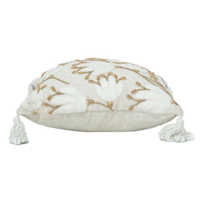 Handcrafted Abstract Floral Embroidered Cotton Cushion Cover with Tassels – 45x45 cm | Neutral Beige Decorative Pillow Cover - Bulk manufacturer & supplier from Panipat, India