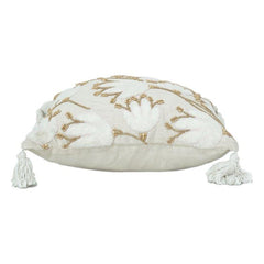 Handgefertigter bestickter Kissenbezug aus Baumwolle mit abstraktem Blumenmuster und Quasten – 45x45 cm | Dekokissenhülle in neutralem Beige