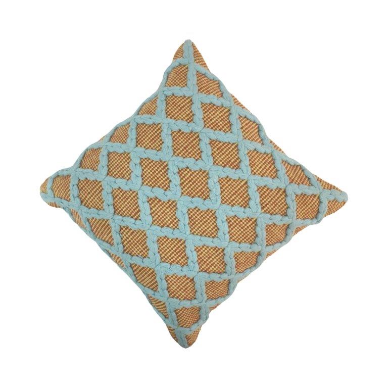 Handmade Diamond Weave Cotton Cushion Cover 45x45 cm | Textured Embroidered Throw Pillow Cover | Blue & Beige Decorative Cushion - Bulk manufacturer & supplier from Panipat, India