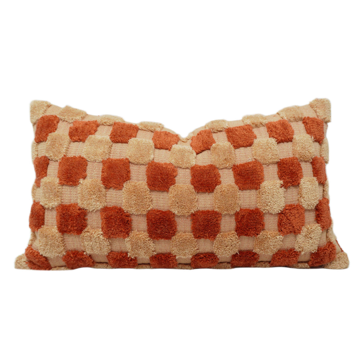Rust & Beige Check Tufted Handwoven Lumbar Cushion Cover 40x60 cm