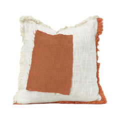 Rust & Ivory Textured Cotton Patchwork Cushion Cover | Frayed Edge Rustic Throw Pillow | 18x18 Inch