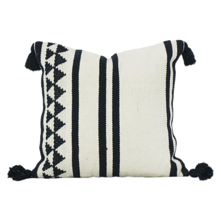 Black & White Geometric Cotton Cushion Cover with Tassels | 45x45 cm | Woven Textured Boho Pillow Cover