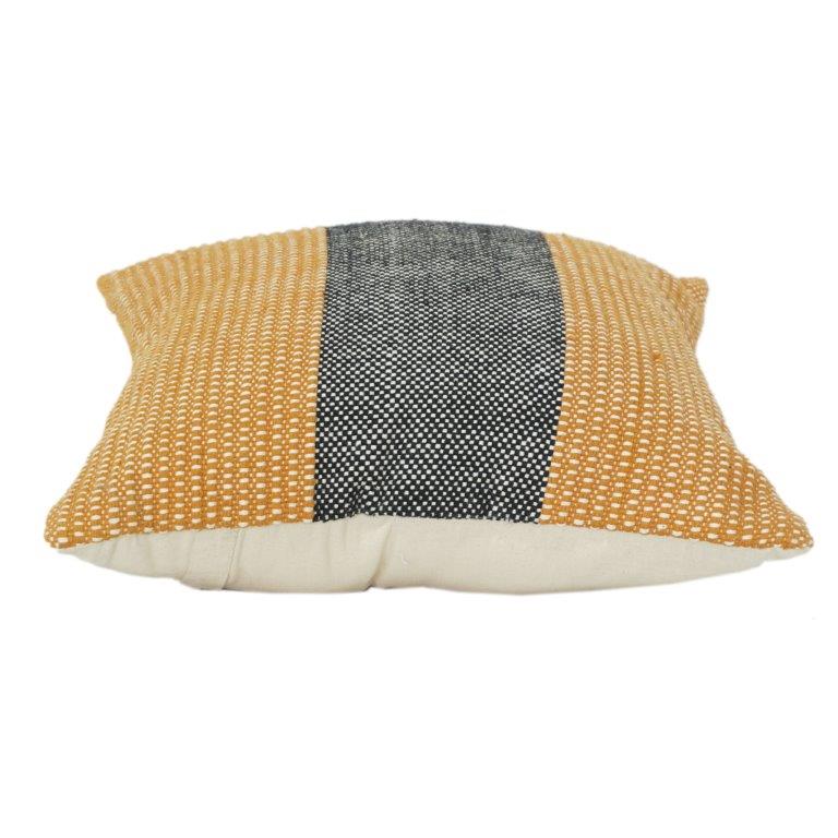 Handwoven Cotton Cushion Cover 45x45 cm – Mustard & Black Striped Textured Throw Pillow Cover with Hidden Zip