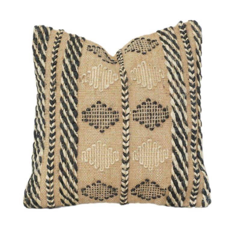 Handwoven Jute Cushion Cover with Tribal Stripe & Geometric Pattern | Rustic Boho Decorative Pillow Case | 18x18 Inch