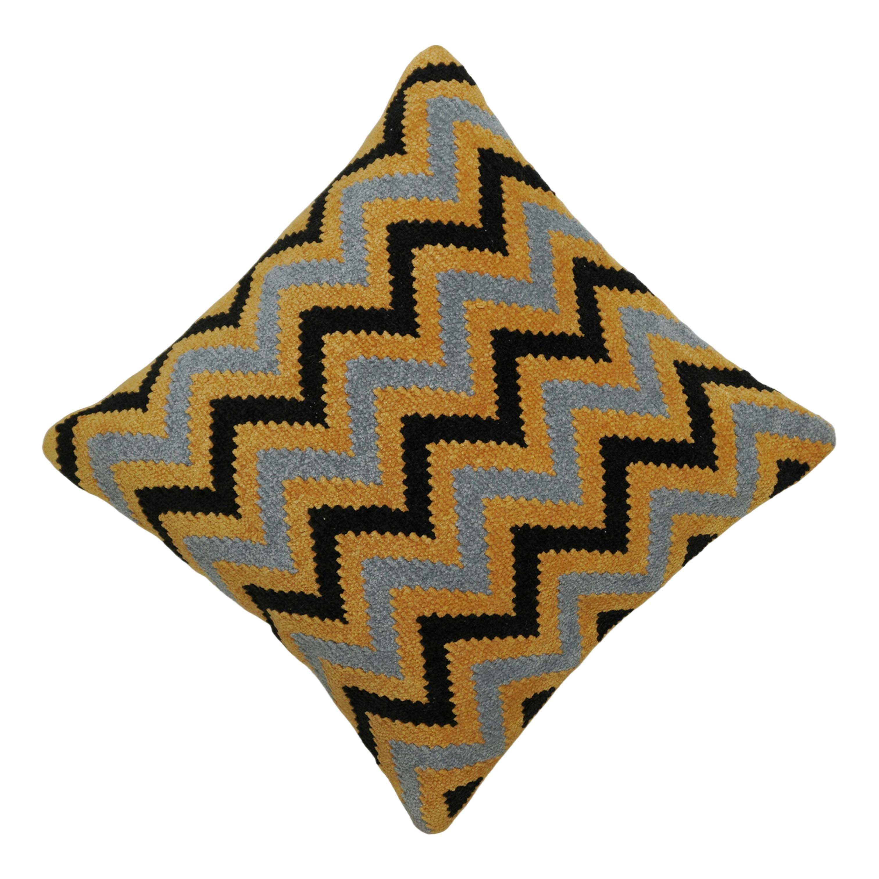 Handwoven Chevron Cotton Cushion Cover 45x45 cm | Textured Mustard, Grey & Black Geometric Design | Decorative Throw Pillow Cover with Concealed Zip