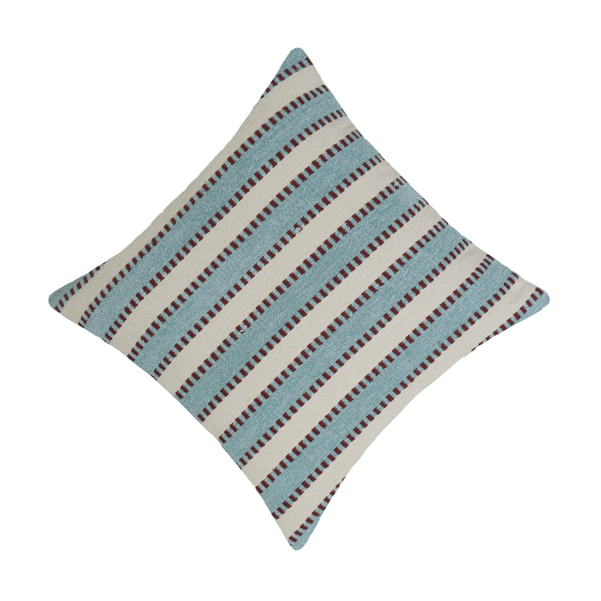 Handwoven Cotton Cushion Cover 45x45 cm – Blue & Ivory Striped Textured Design with Burgundy Accents