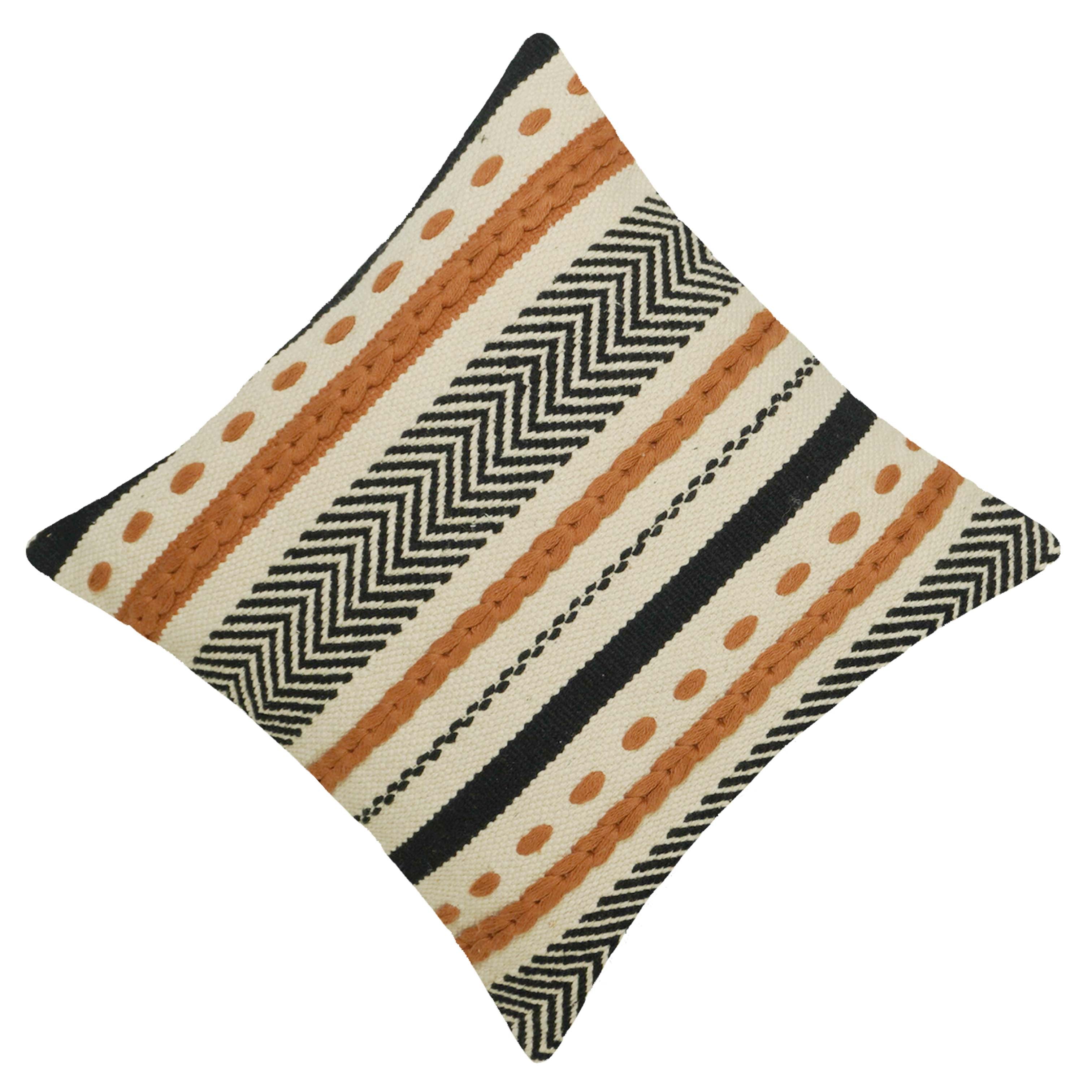 Handwoven Cotton Cushion Cover 45x45 cm | Boho Geometric Woven Throw Pillow Cover | Black, Ivory & Rust | Decorative Sofa Cushion Cover with Hidden Zipper