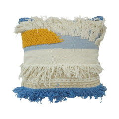 Textured Fringe Cotton Cushion Cover | Handwoven Boho Tufted Pillow Cover | Blue & Mustard Abstract Design | 45x45 cm