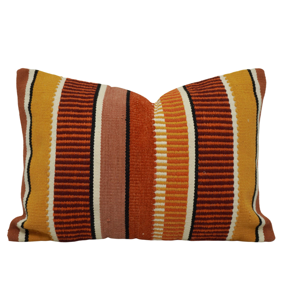 Handwoven Cotton Striped Cushion Cover 35 x 50 cm | Boho Rustic Lumbar Throw Pillow Cover | Mustard, Rust & Ivory Woven Decorative Cushion