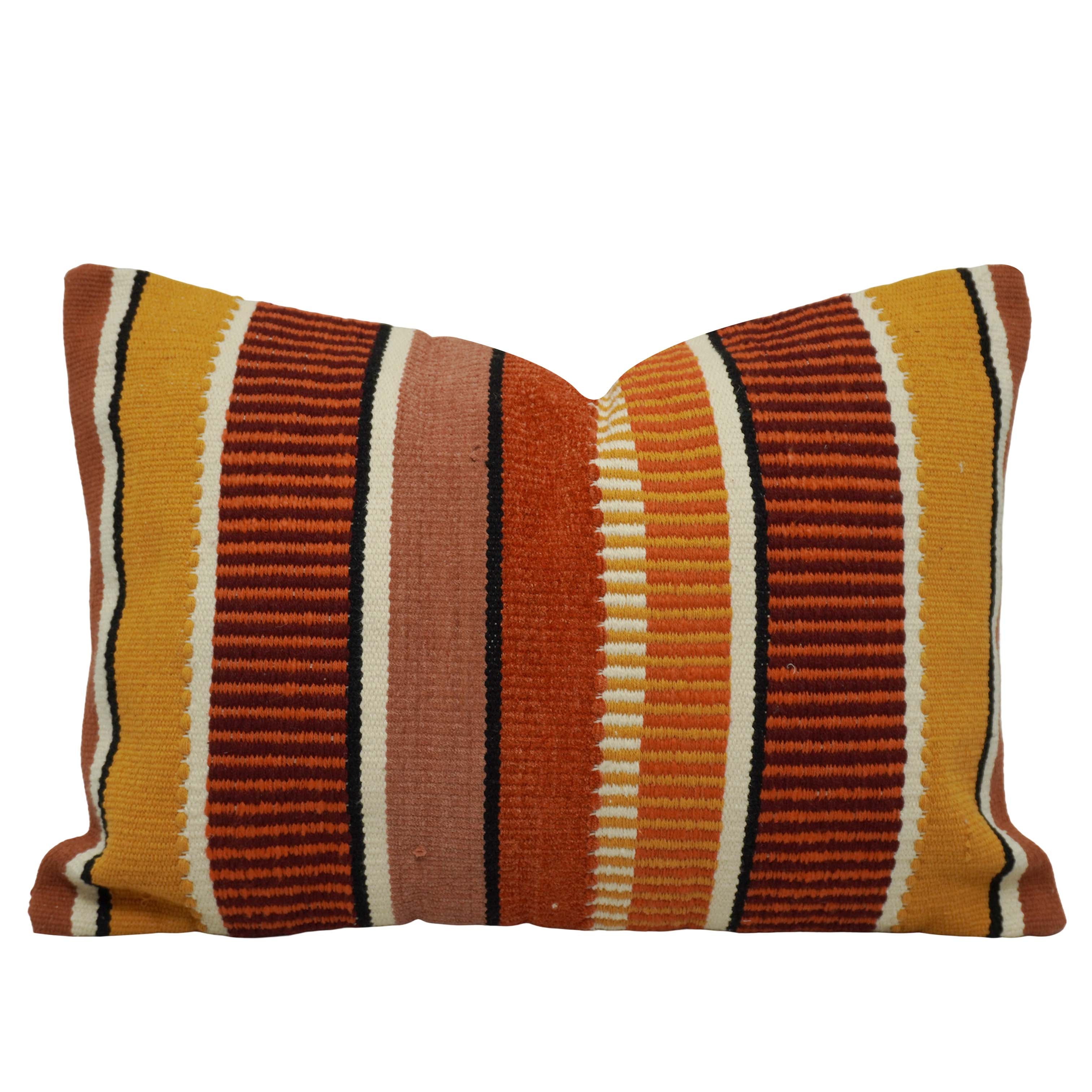 Handwoven Cotton Striped Cushion Cover 35 x 50 cm | Boho Rustic Lumbar Throw Pillow Cover | Mustard, Rust & Ivory Woven Decorative Cushion