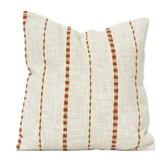 Housse de coussin en coton tissée main 45x45 cm – Tissu texturé neutre avec broderie à rayures rouille | Housse de coussin minimaliste faite à la main
