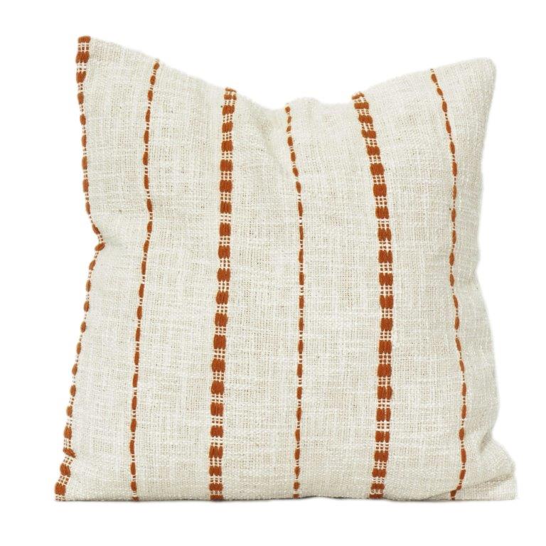 Handwoven Cotton Cushion Cover 45x45 cm – Neutral Textured Fabric with Rust Stripe Embroidery | Handmade Minimalist Pillow Cover