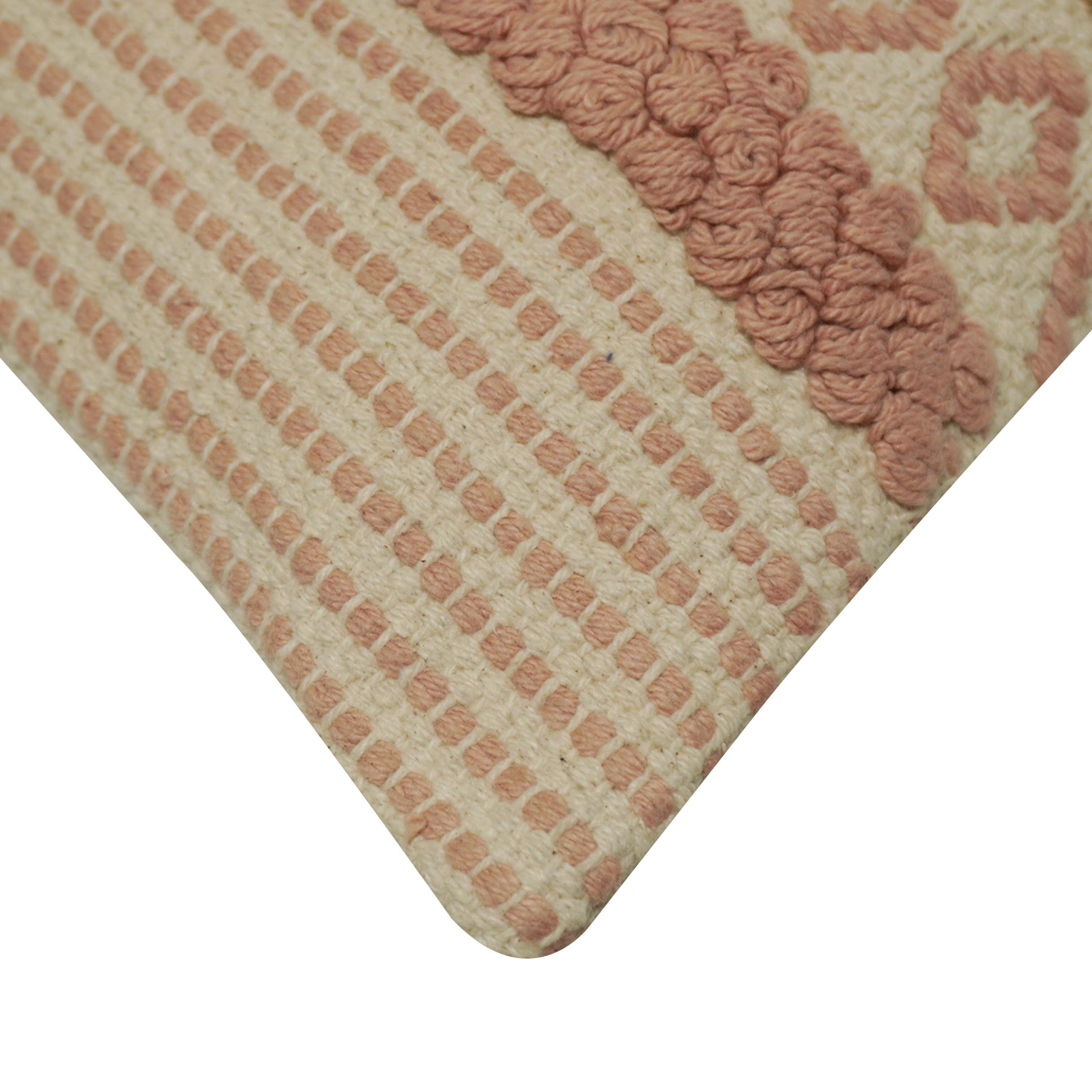 Handwoven Cotton Cushion Cover 45x45 cm | Boho Woven Tufted Fringe Cushion Cover | Decorative Throw Pillow Cover for Sofa, Bed & Living Room | Blush Pink & Natural