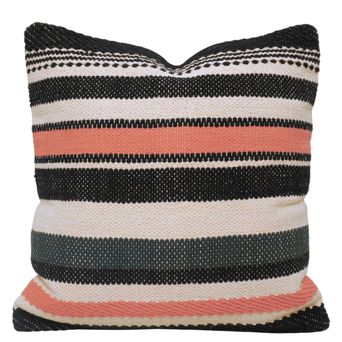 Handwoven Cotton Cushion Cover 45 x 45 cm | Black, White & Coral Striped Textured Cushion Cover