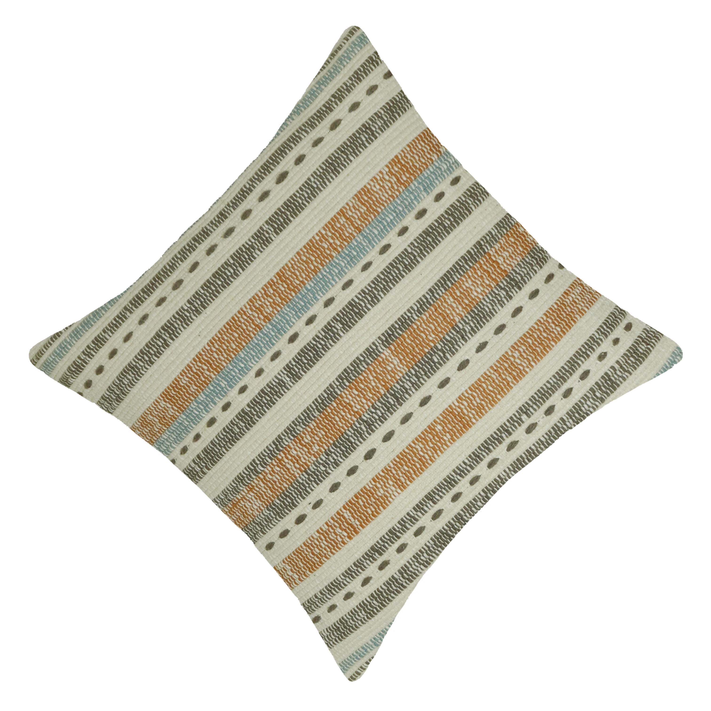 Handwoven Cotton Cushion Cover 45x45 cm – Geometric Striped Design in Ivory, Rust & Blue