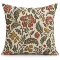 Ivory square cushion cover with multicolor rust, red and green botanical floral motifs in block-print style