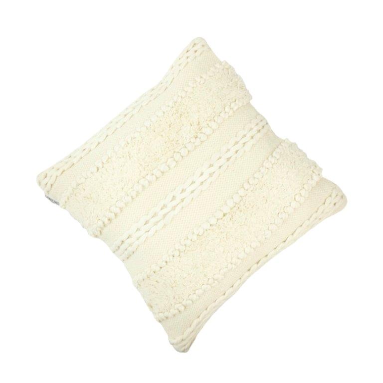 Handmade Boho Cotton Cushion Cover 45x45 cm | Textured Tufted & Braided Ivory Throw Pillow Cover - Bulk manufacturer & supplier from Panipat, India